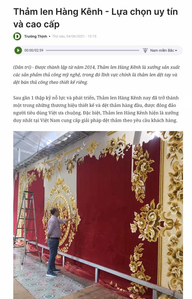 Báo Dân trí đưa tin về thảm len HANG KENH